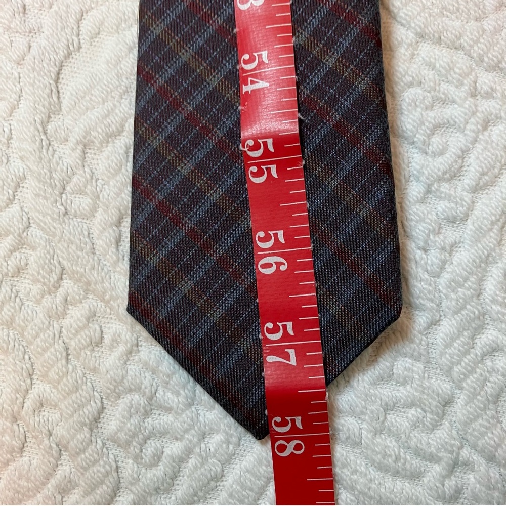 Vintage Louis Feraud Paris plaid silk blend skinny tie, purple, red, grey, gold - Picture 8 of 8